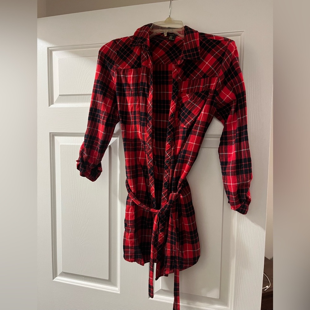 Red and Black Plaid Button-Up Shirt Dress